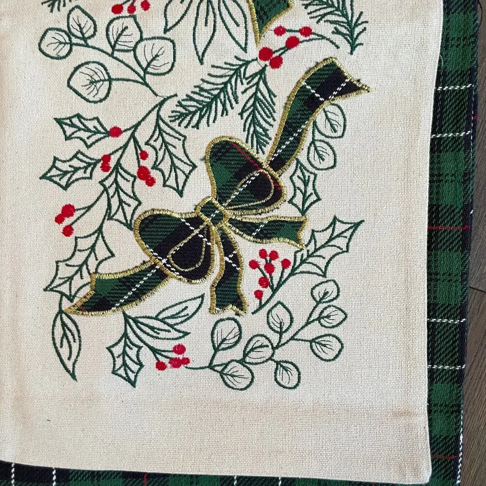 2pc Cupcakes & Cashmere Holly Berry & Bows Double Table Runner Tartan Plaid New